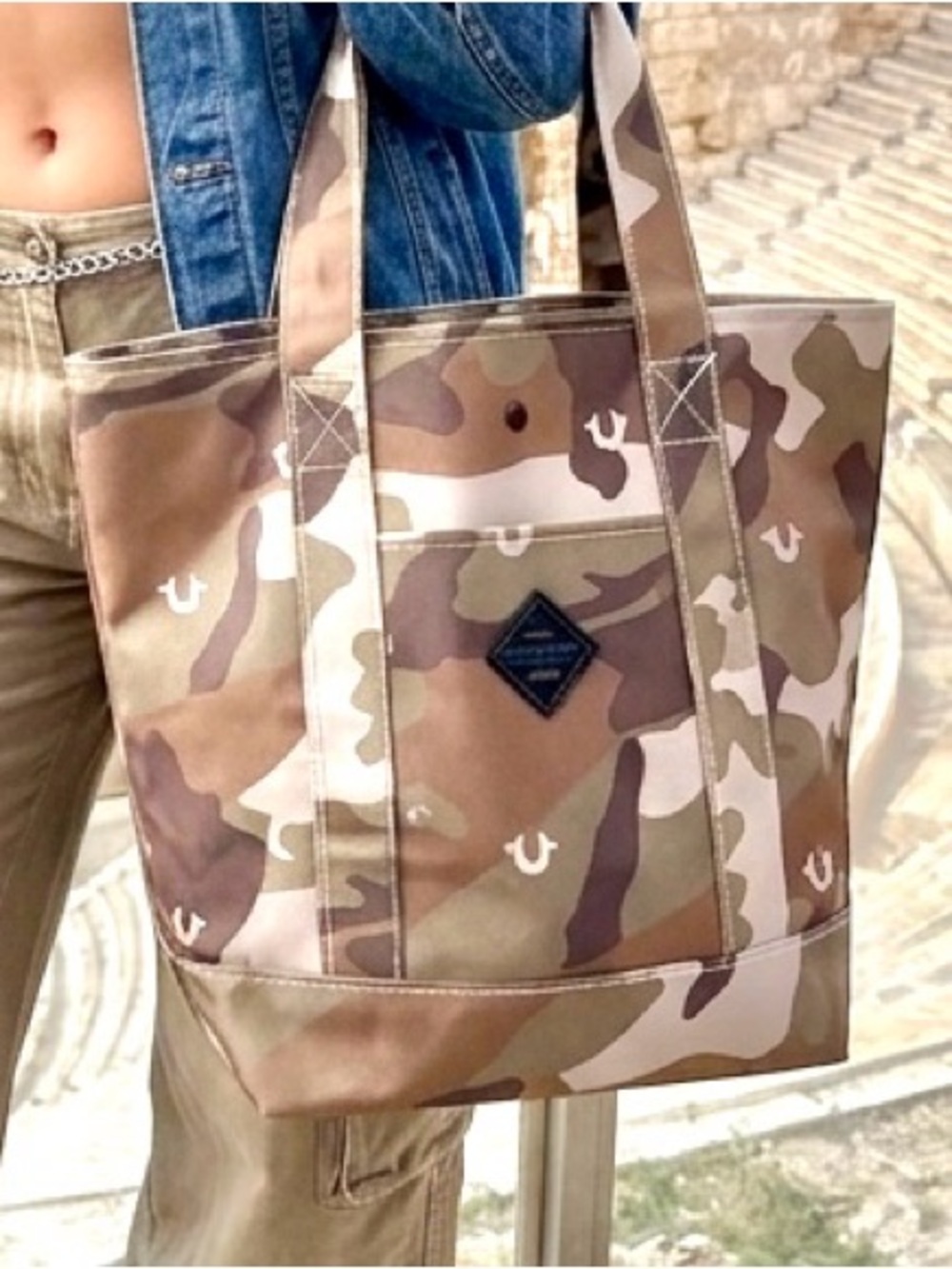 True Religion Dribble Camo Tote Bag. Y2K Utility Streetwear Granola Outdoor Gorp